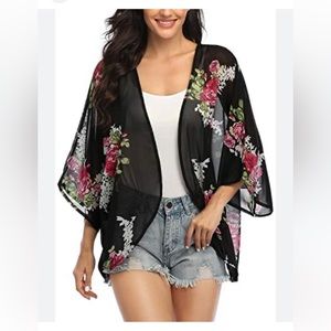 Black with pink Floral Pattern Kimono